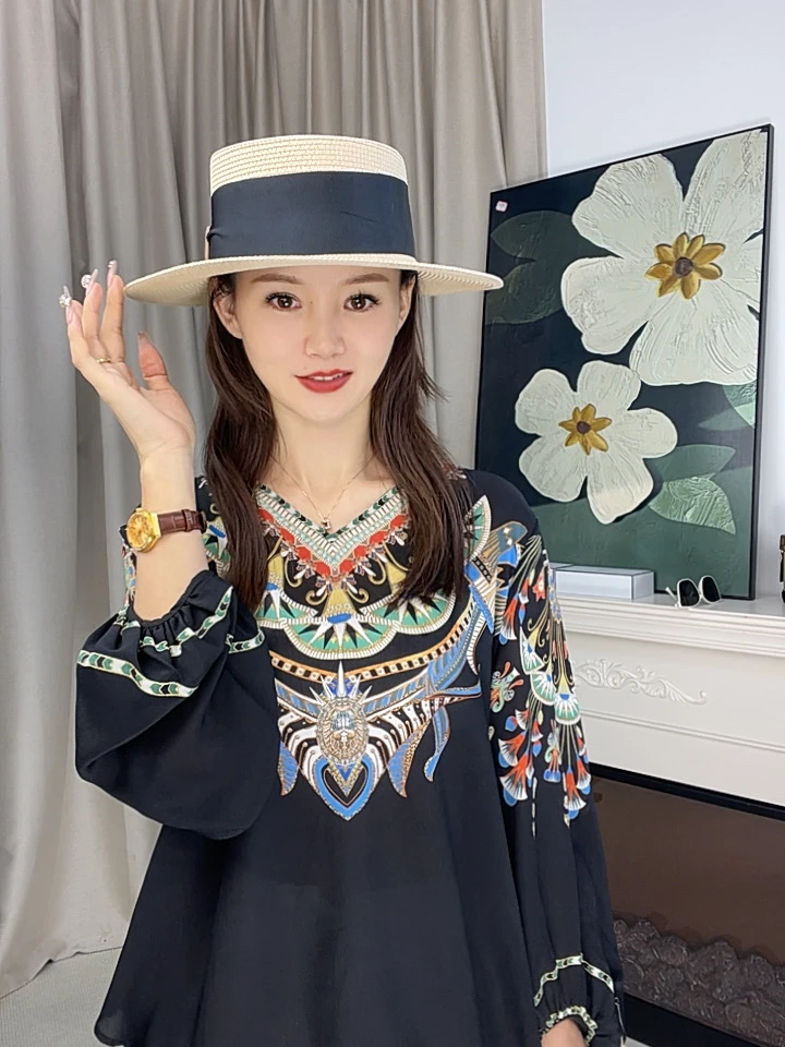 真丝双桥圆领定位印花民族风慵懒感春季新款圆领时尚减龄宽松衬衫