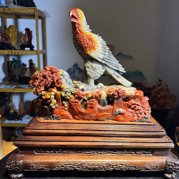 寿山石山水田黄印章印摆件奇石手把件石雕黄花梨红木底座木雕崖柏