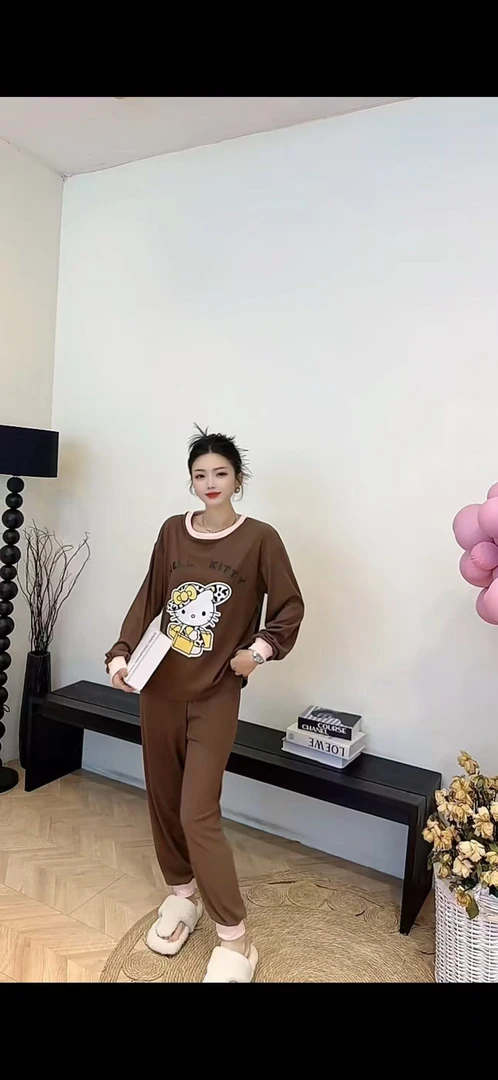 全码秋冬双面牛奶绒kT猫睡长袖长裤外穿保暖休闲家居服套装