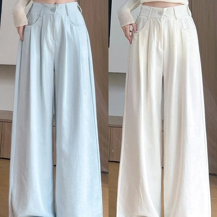 MONZON蓝色奶芙西装阔腿裤女夏季高腰显瘦休闲直筒宽松冰丝拖地裤