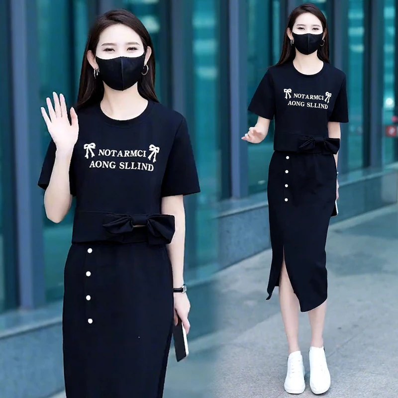 高含棉小众简约半身裙套装女2025年夏季新款通勤印花拼接两件套潮