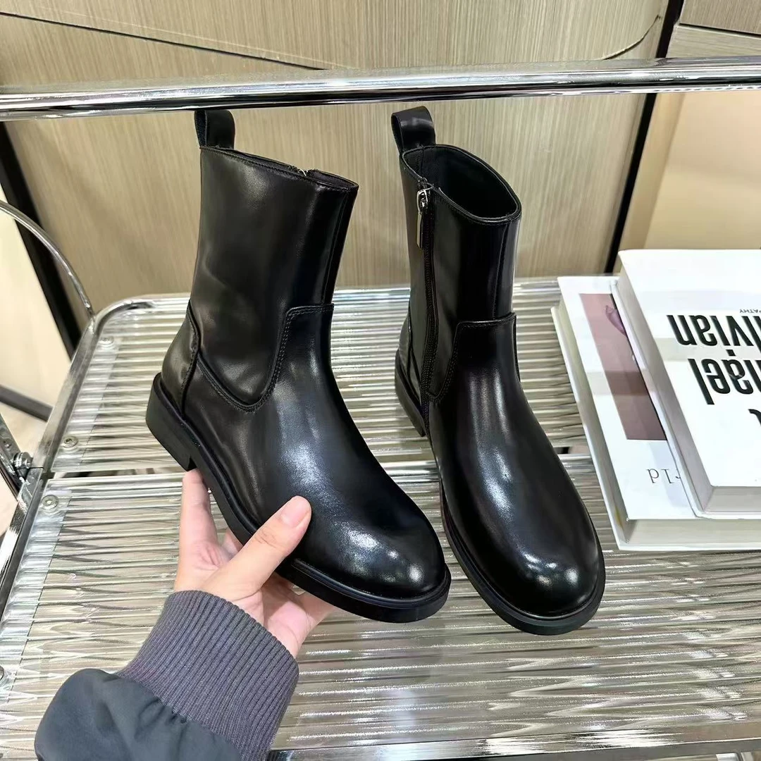 -2024秋季新款英伦风时尚百搭圆头低跟侧拉链短筒马丁靴5021