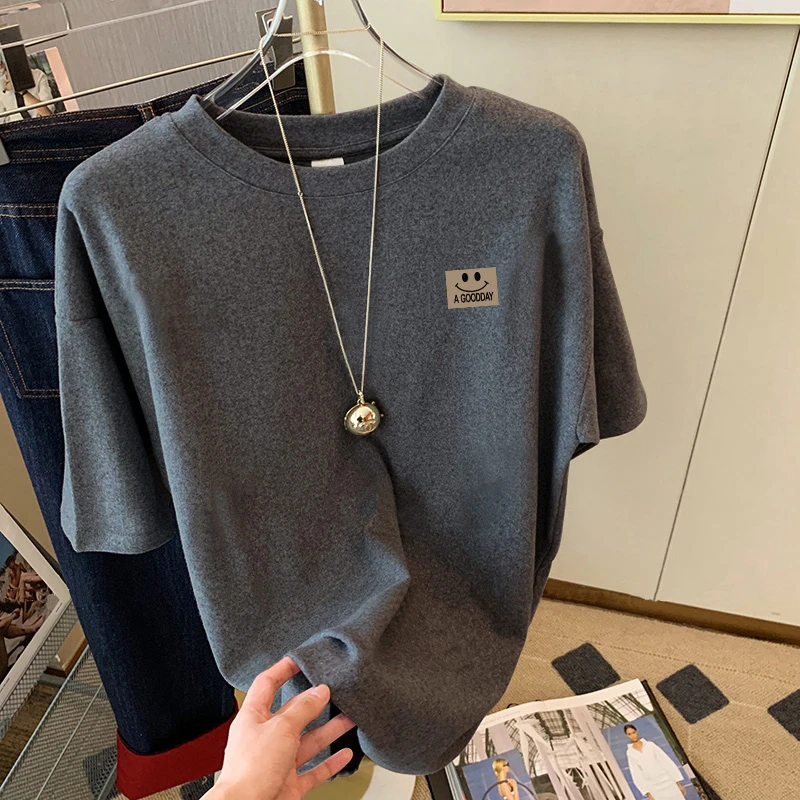 小众设计感正肩磨毛简约短袖t恤女时尚休闲百搭圆领上衣加厚春秋