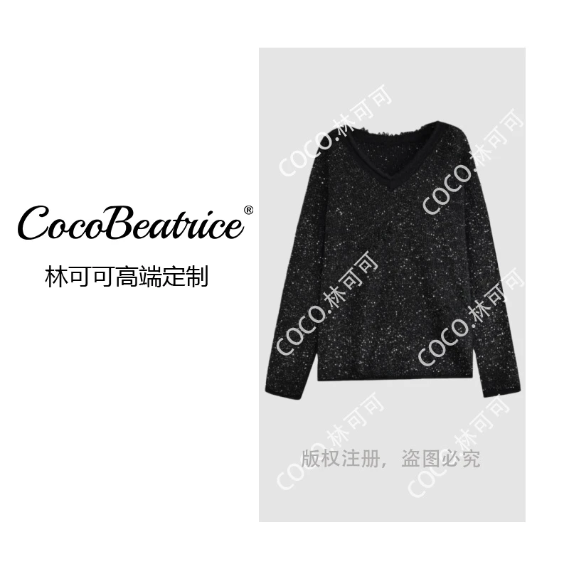【COCO林可可】羊毛珠片纱亮片V领蕾丝拼接针织毛衣msl1058