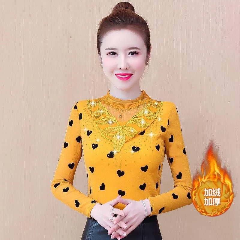 春秋冬季新款蕾丝小衫修身长袖印花保暖上衣恤女加绒加厚打底衫