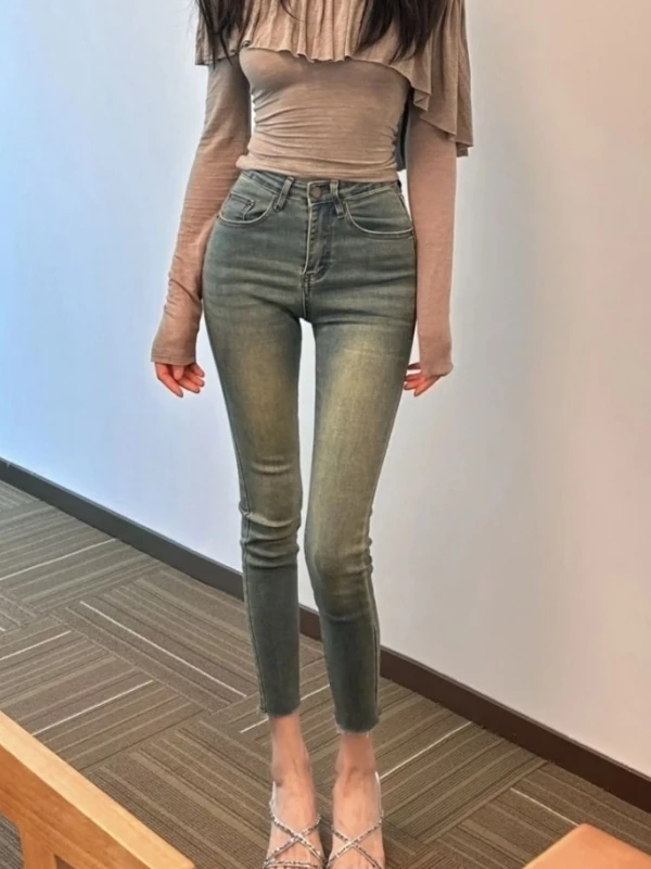 美式辣妹性感紧身九分牛仔裤女2025秋冬新款小个子加绒保暖铅笔裤