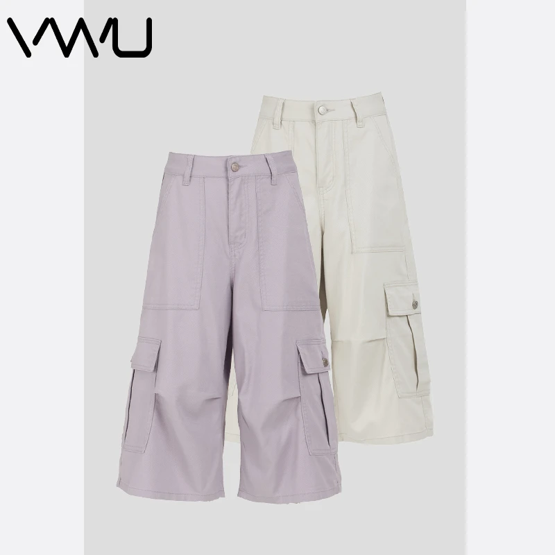 VWU夏季美式复古大口袋工装七分牛仔短裤女设计感莱赛尔阔腿中裤