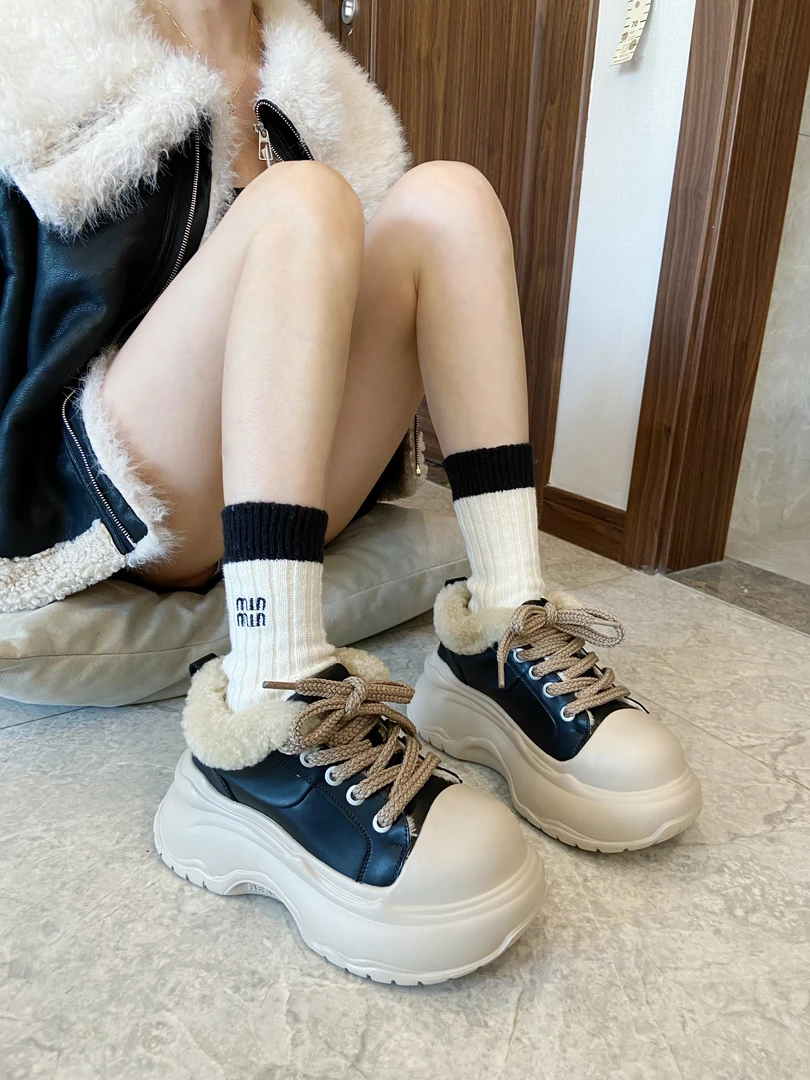 欧货真皮羊羔毛毛鞋系带厚底松糕做旧小脏鞋米奇大头休闲棉鞋女鞋