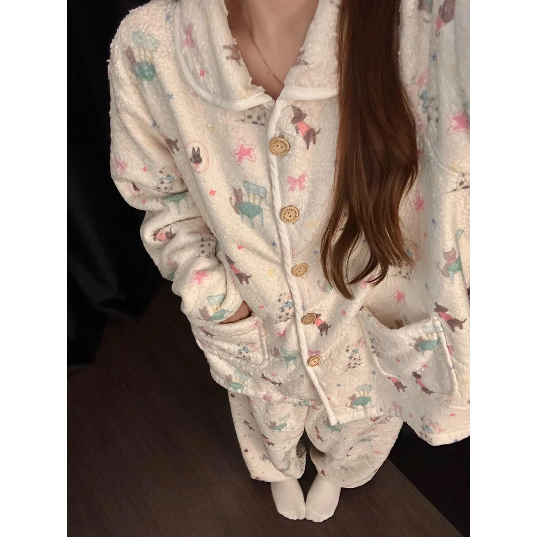 韩版可爱卡通小狗睡衣女秋冬季新款保暖长袖长裤可外穿家居服套装