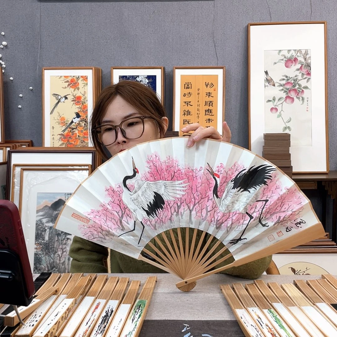 国画10寸玉竹-纯手绘-文玩扇骨（默认粘好）