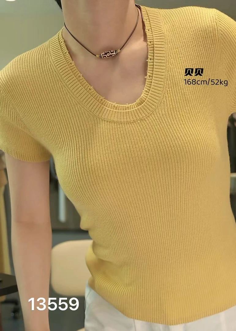 13559（部分无水洗唛，介意慎拍）WANGDAN新款鹅蛋领领口破洞短袖