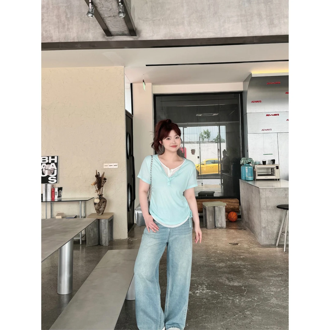 晶咕【夏日限定】韩系纯欲V领假两件撞色腰侧抽褶显瘦短袖上衣