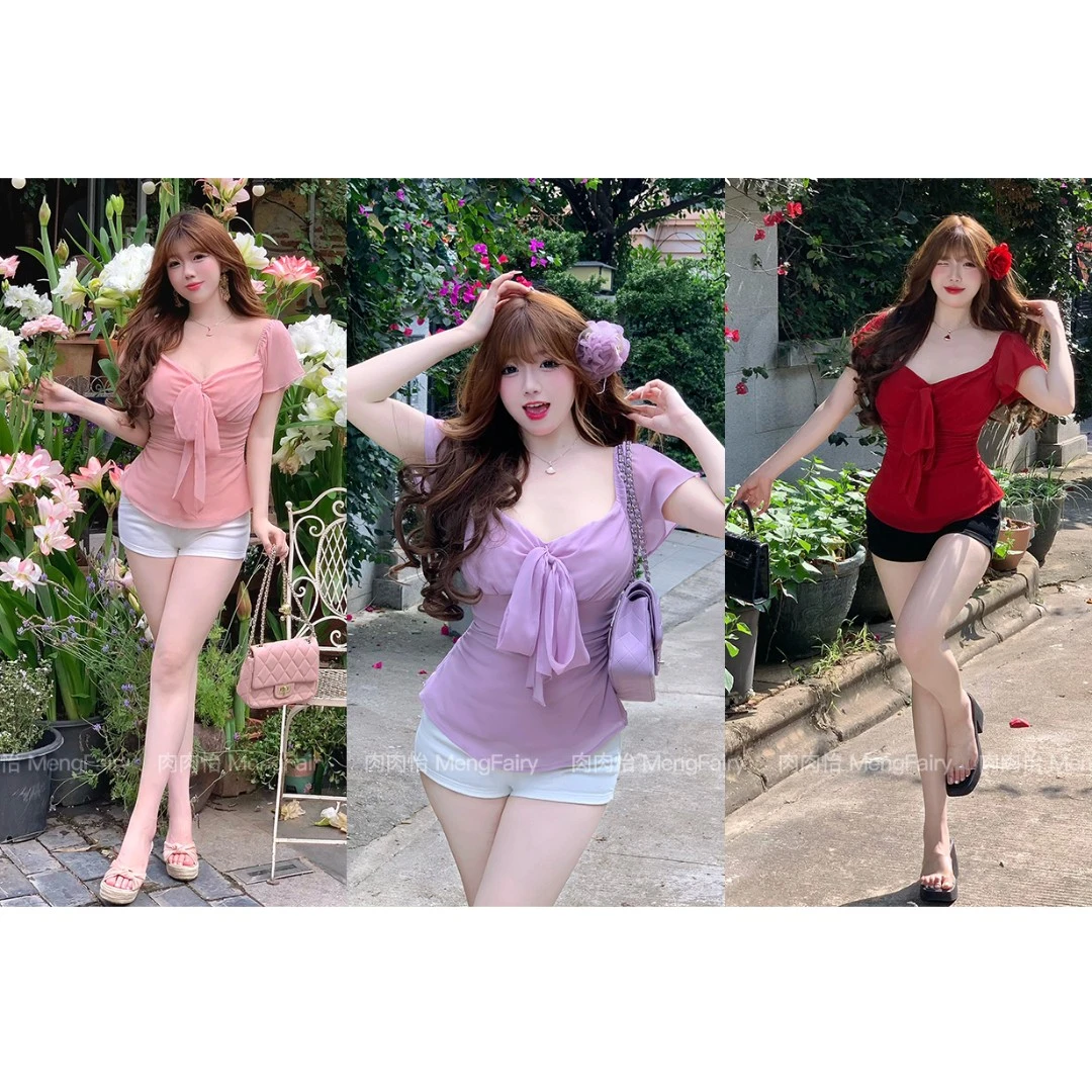 肉肉怡 清清【粉雾桃桃】夏季纯欲设计感时尚显瘦飘带上衣4655M