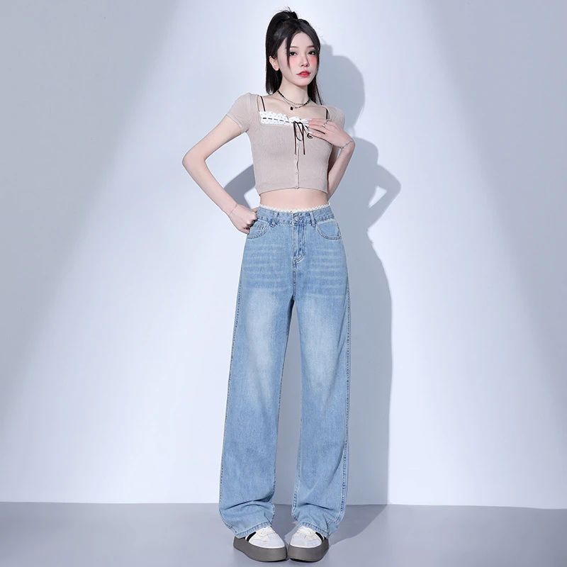 2025春夏款蕾丝花边浅色牛仔裤女春夏新款设计感高腰宽松直筒裤