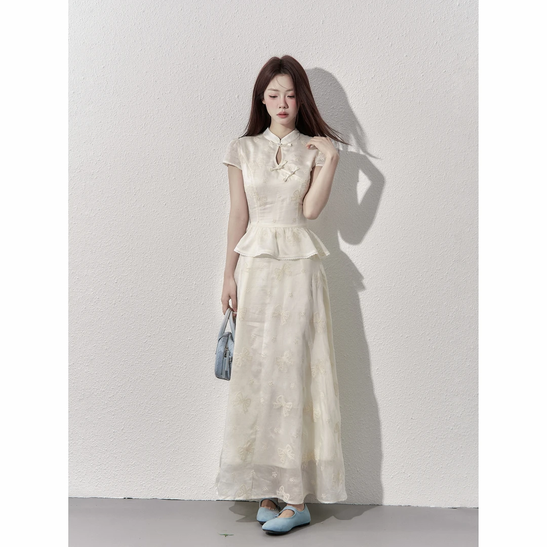【小野莓】夏季气质优雅盘扣蝴蝶结国风短袖新中式连衣裙BL97777