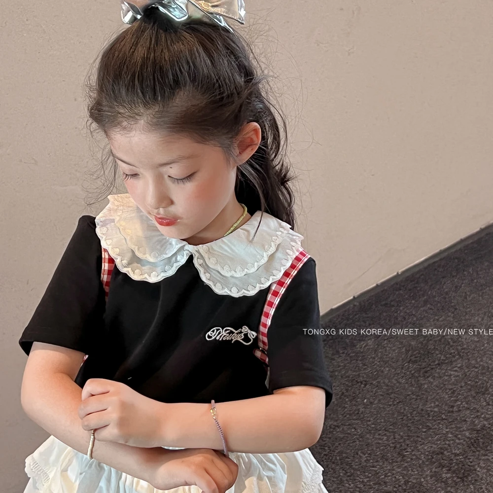 女童短袖t恤儿童夏装2025新款蕾丝翻领t恤衫薄小孩时髦半袖ys229