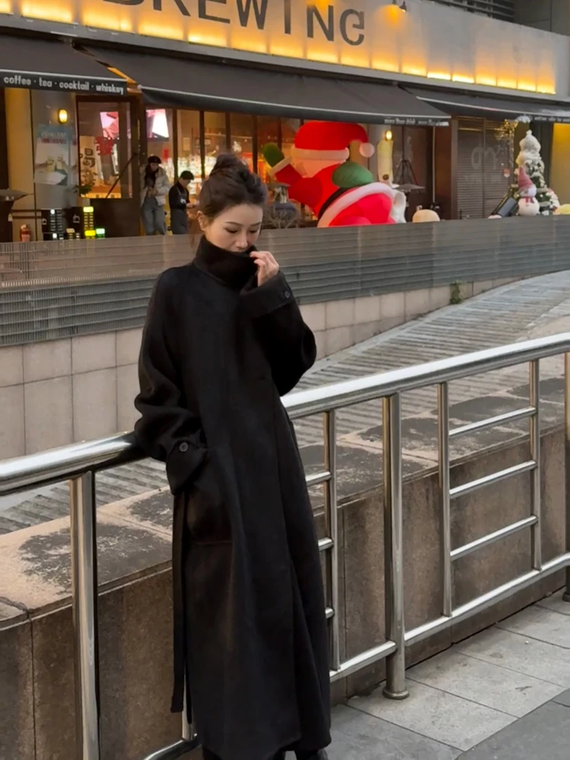 不规则饼干扣 设计感腰带立领双面绵羊毛大衣