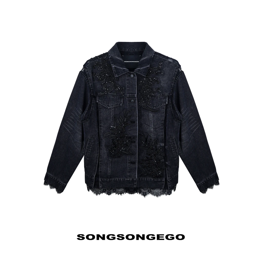 SONGSONGEGO独立原创小众设计师黑色蕾丝钉珠长袖牛仔外套55590