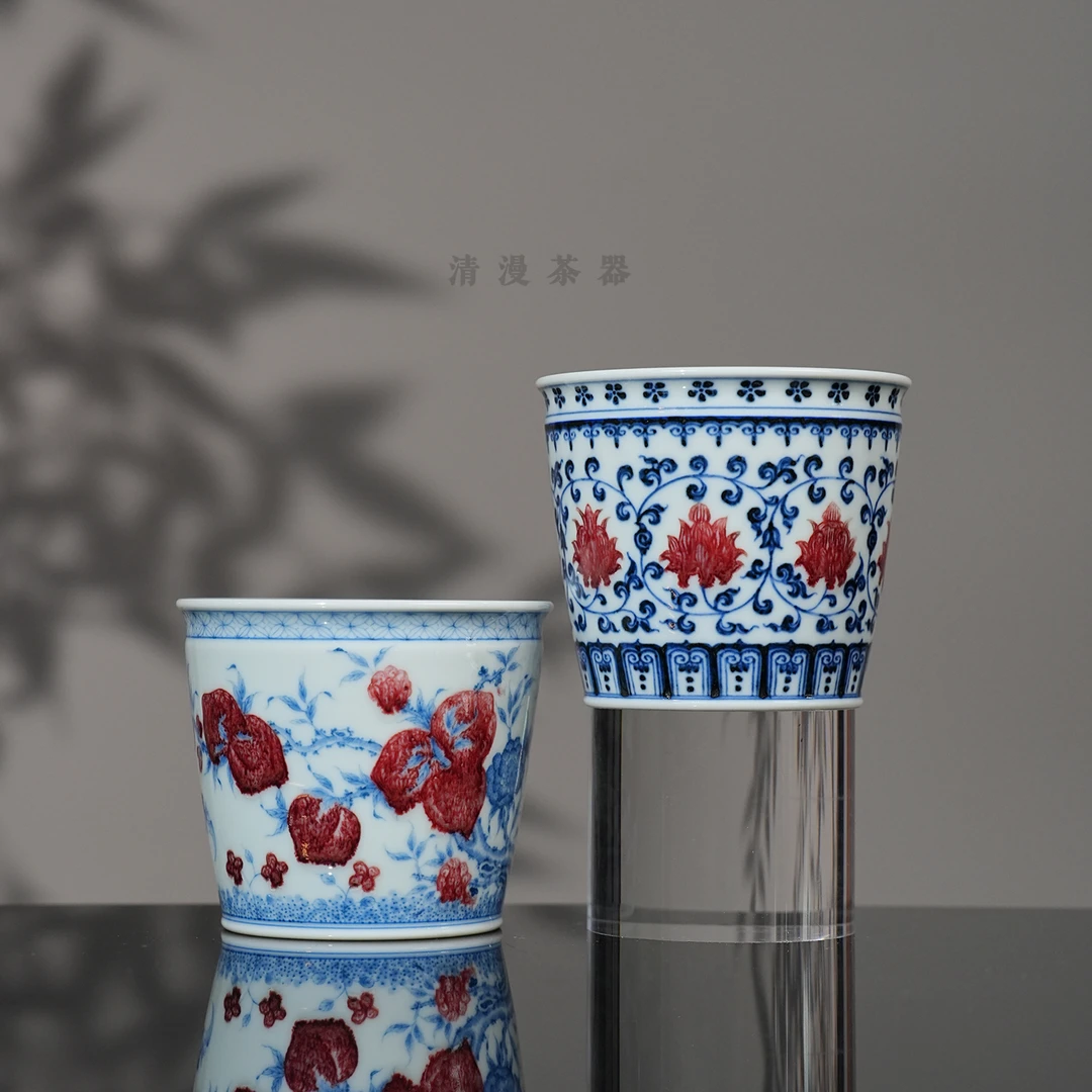 屹朴堂青花釉里红缠枝莲 九桃可乐杯 景德镇高档泡茶手绘主人杯