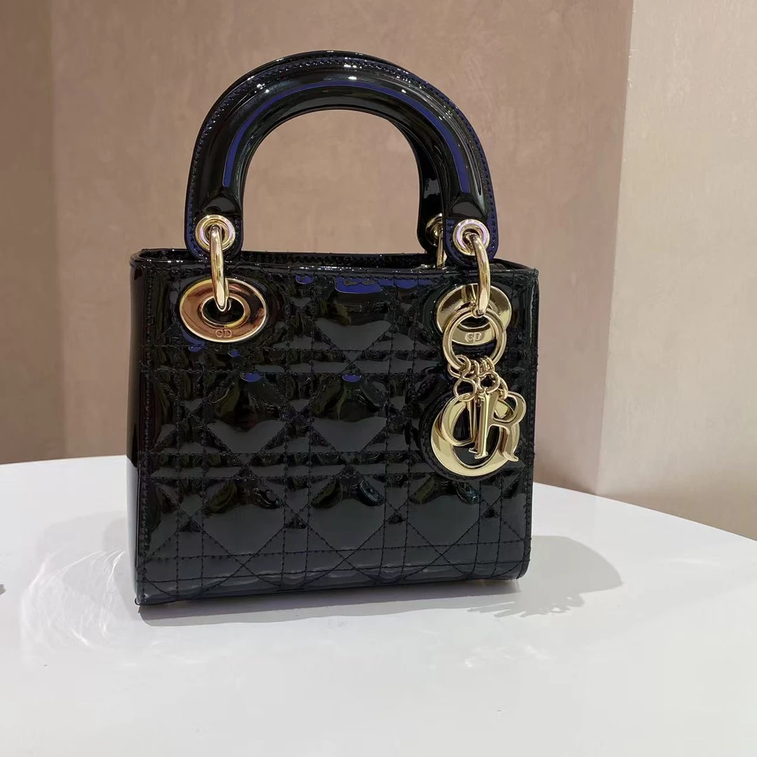 99新 DIOR/迪奥 Dior/迪奥奥lady 三格 漆皮黑皮戴妃包