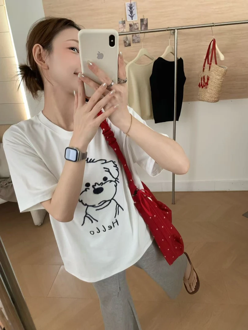LELE-【线条小狗】夏季韩系小狗印花宽松短袖T恤女款百搭