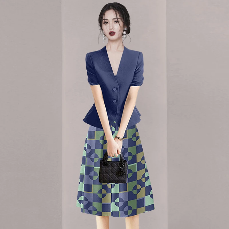 气质收腰印花半身裙短袖西装套装夏季2025新款女装两件套