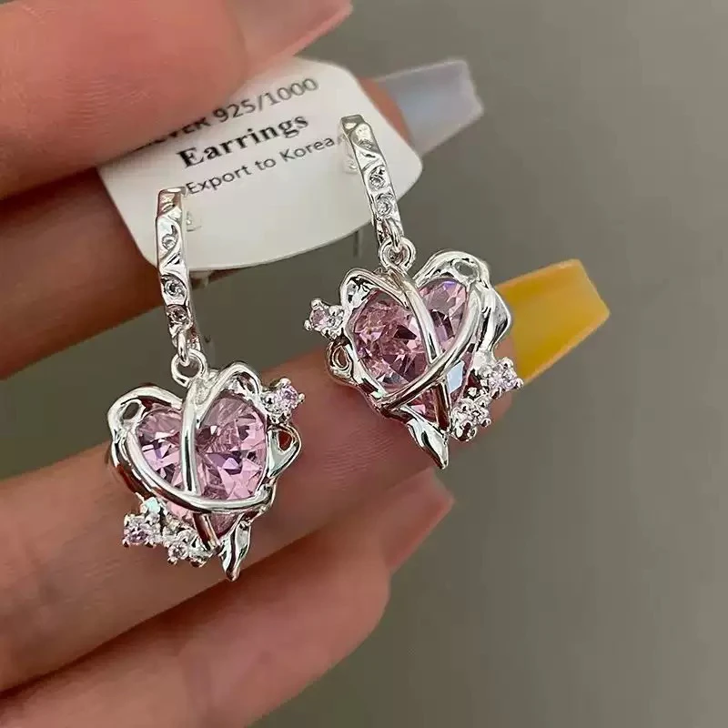 合金锆石耳饰 不规则哑光金属粉色锆石爱心耳环女韩国小众