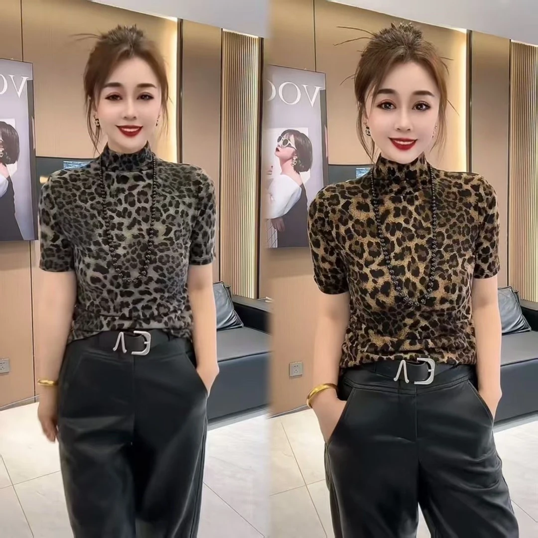 2025秋季新款豹纹上衣内搭半高领大码五分袖t恤百搭小衫