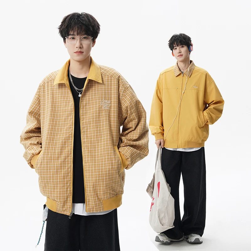 姜黄色双面穿千鸟格夹克外套男女同款初秋穿搭美式复古翻领情侣装