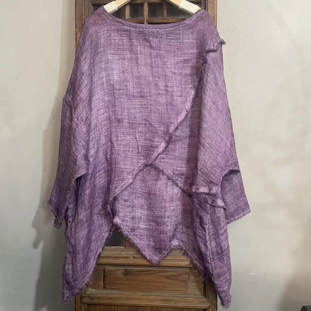 M600文艺中式国风提花亚麻V领不规则禅意长袖套头衬衫