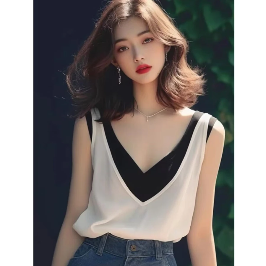 假两件冰丝v领吊带背心女夏季法式小众辣妹气质显瘦时尚无袖上衣