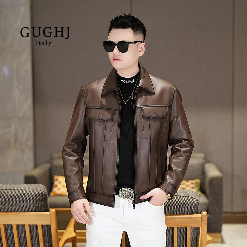 秋冬潮牌纯色绵羊皮翻领皮衣潮流时尚修身百搭轻奢皮夹克外套男