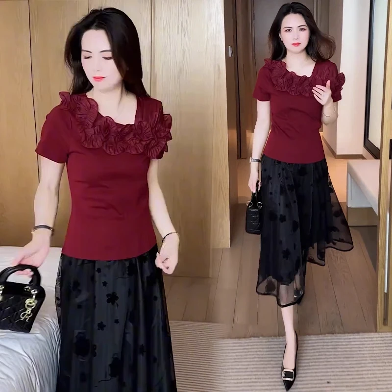 2025夏季新款时尚花朵木耳边短袖T恤女洋气显瘦百搭减龄小众上衣