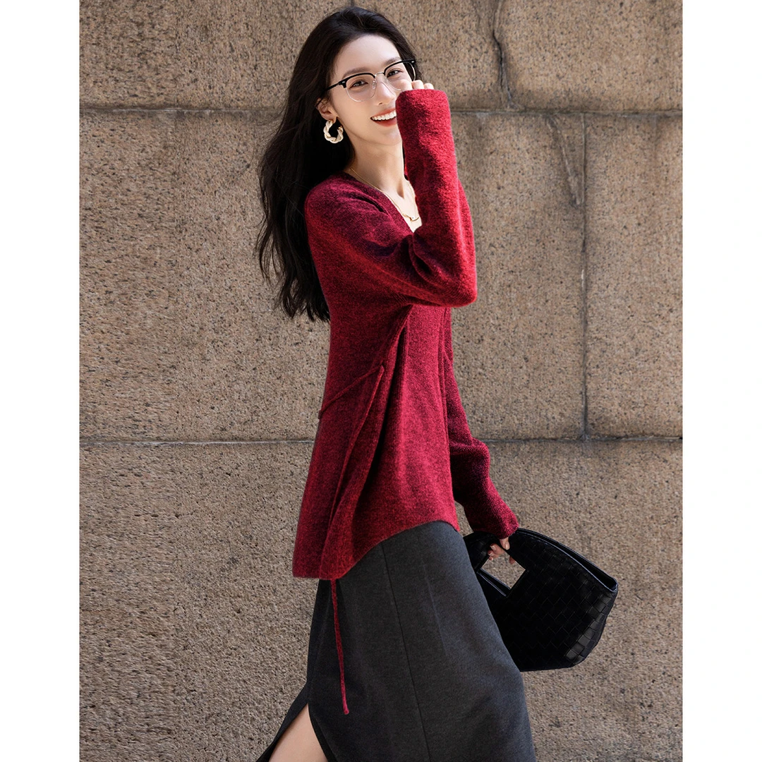 德·玛纳专柜服饰慵懒法式淑女风V领可调节松紧腰带针织衫女