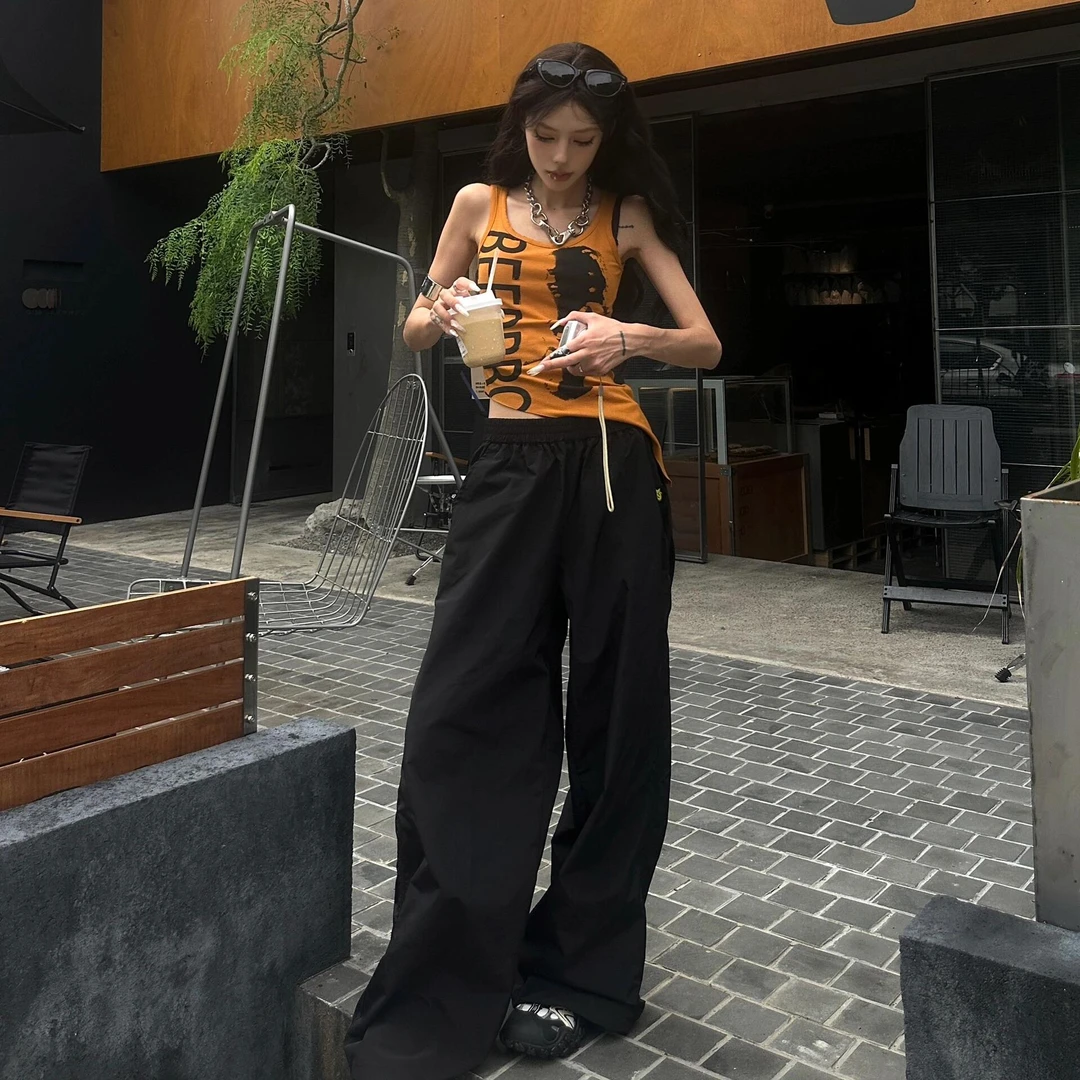 酷拽设计感不规则下摆辣妹背心女夏季美式复古像印花无袖小上衣