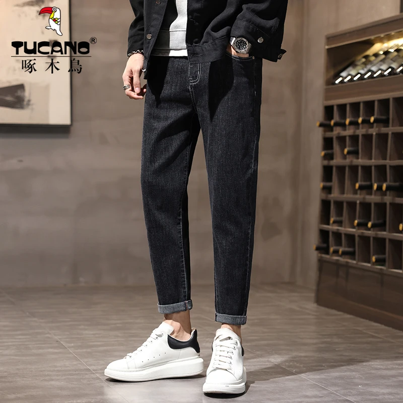 啄木鸟秋冬新款牛仔裤男士潮流九分高端百搭潮流显瘦修身直筒长裤