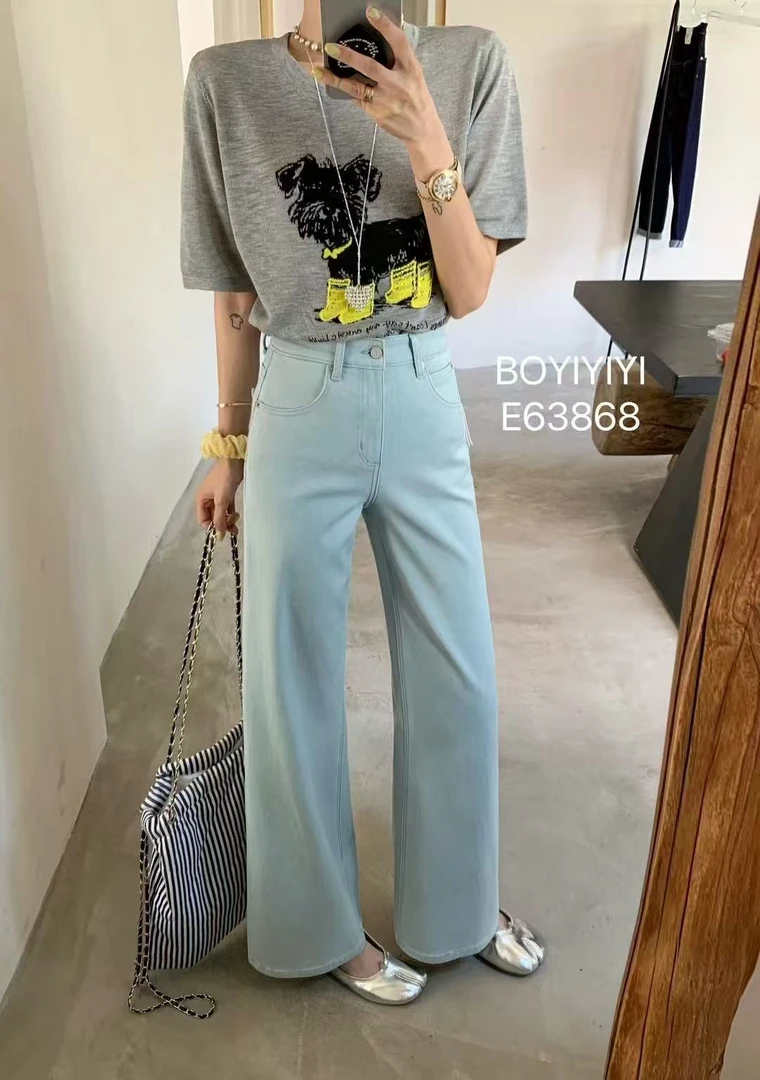 福秒-窄版微阔腿！高腰显瘦牛仔裤（BO63868#）BOYIYI