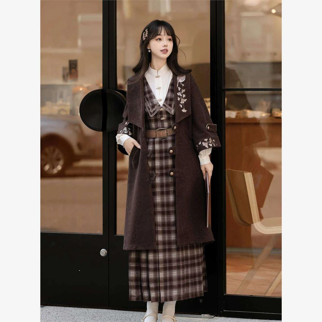 原创银杏词新中式汉服女中国风改良汉元素大衣衬衣连衣裙套装秋冬