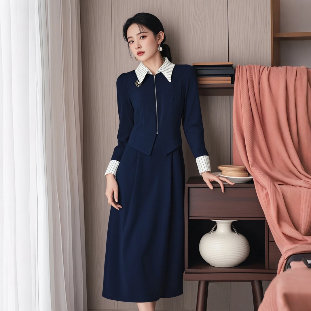 A条纹装饰领口深蓝色连衣裙女职业装显瘦中长款通勤气质裙D0574