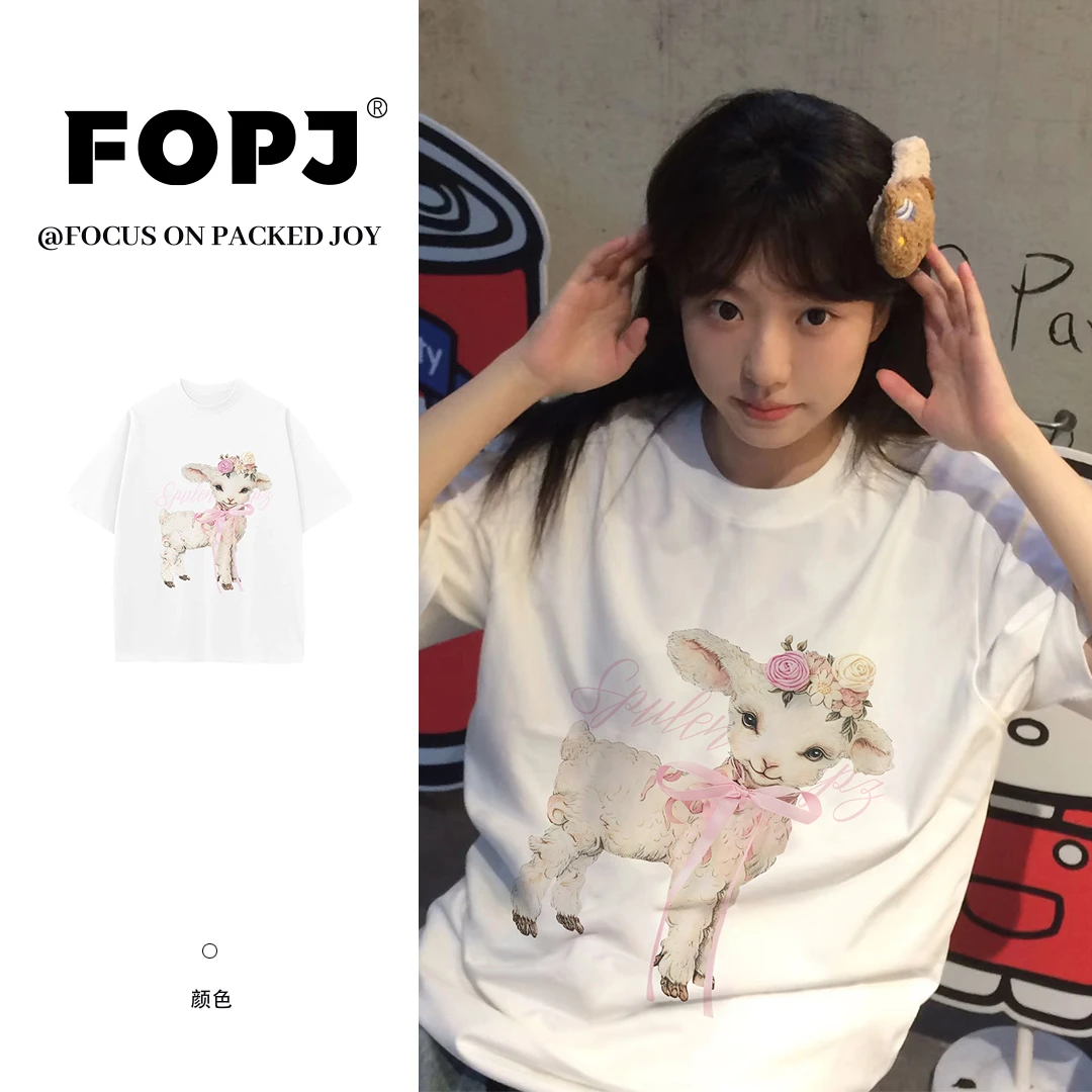 FOPJ美式宽松百搭可爱小羊印花短袖夏季纯棉设计感显瘦慵懒风上衣