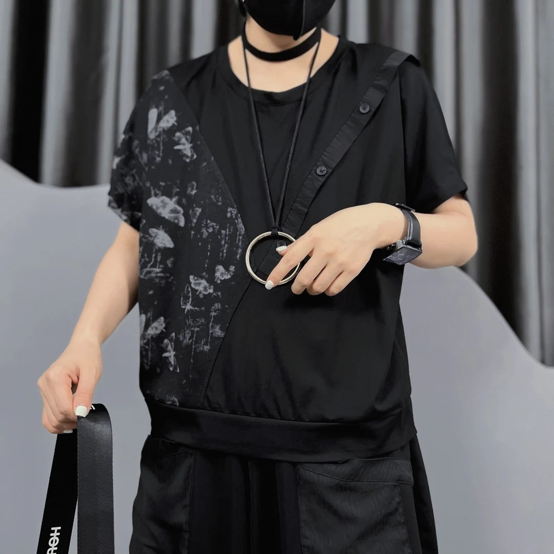 欧货潮牌夏季女装上衣YB2669个性扎染拼接抽绳圆领短袖百搭宽松T