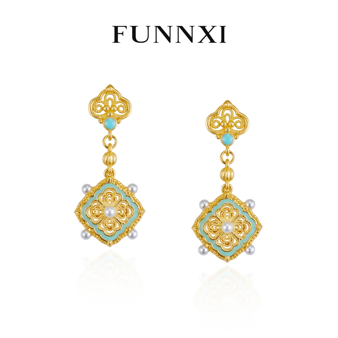 FUNNXI 925银耳饰 【宋韵】金色四合如意古法花丝国潮耳坠