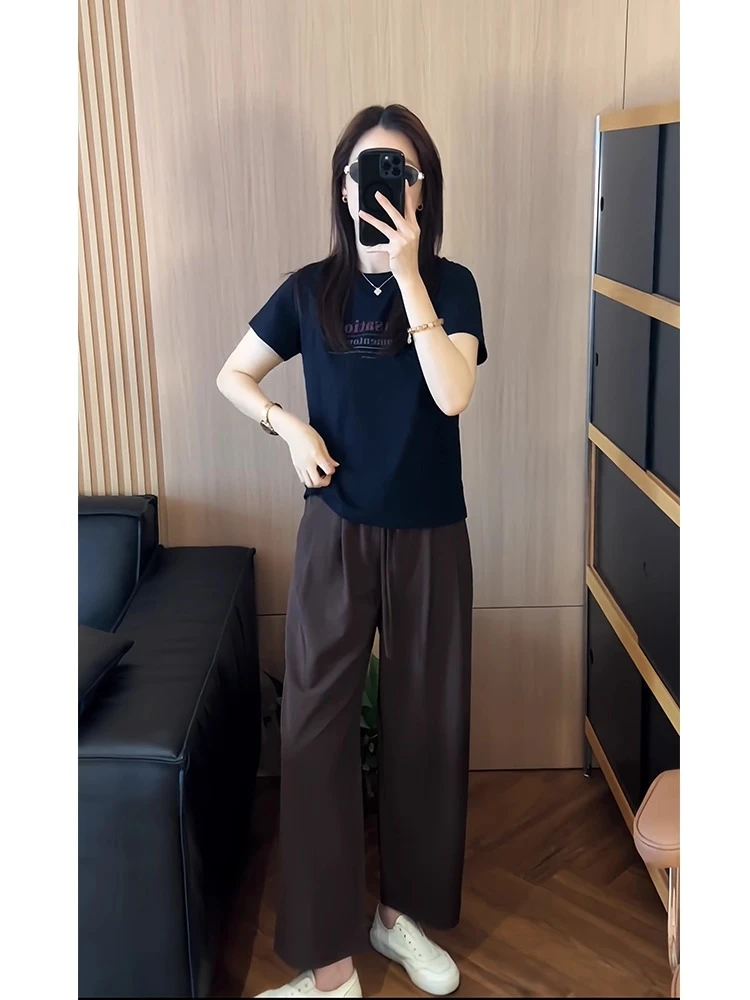 韩版休闲时尚直筒穿搭长裤一整套圆领印花减龄套头T恤两件套女装