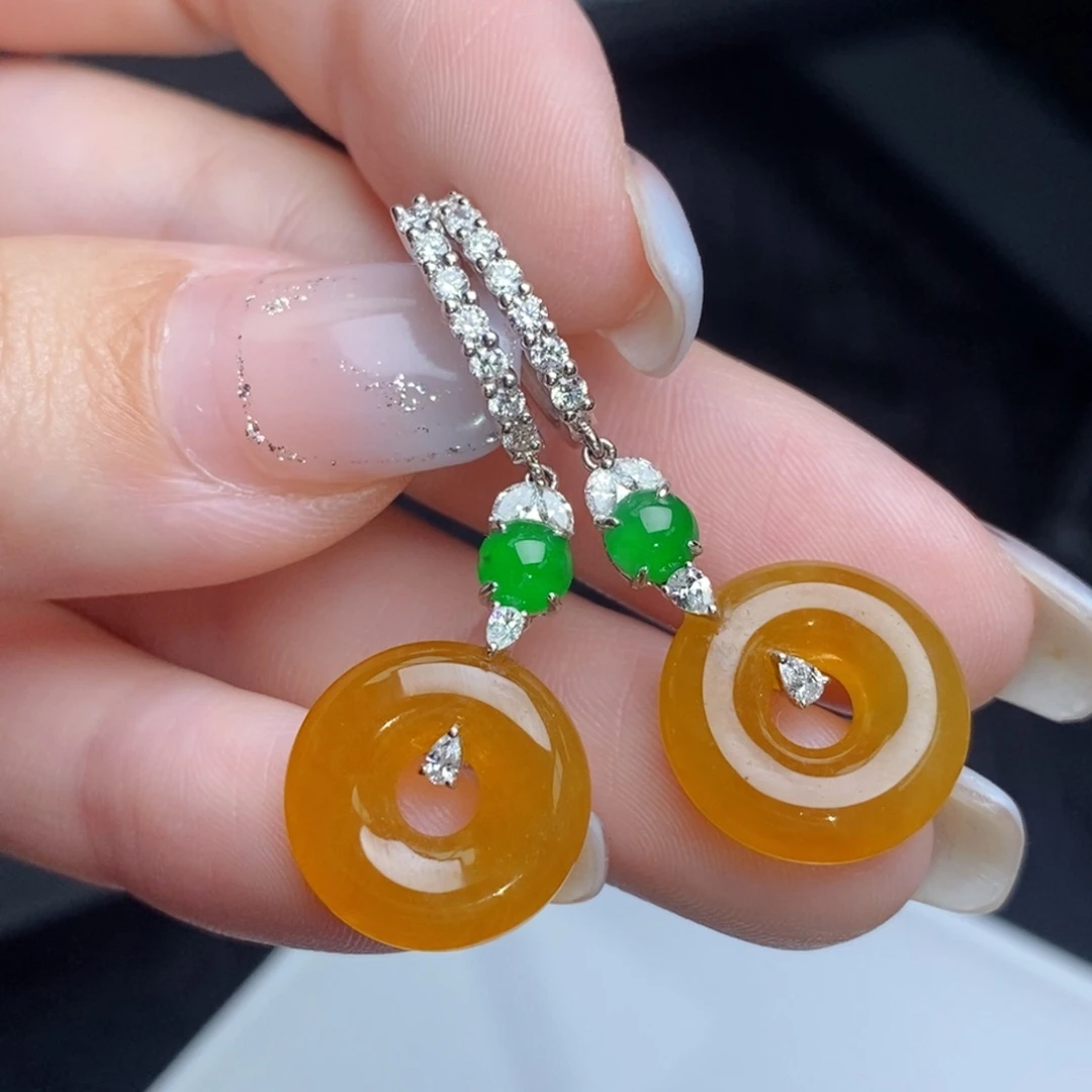 翡翠18K金镶嵌耳饰冰红翡甜甜圈