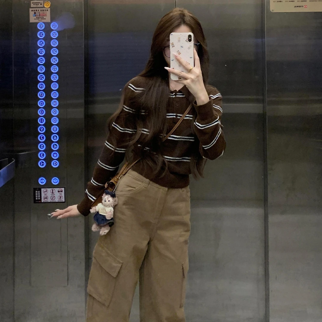 条纹针织polo衫长袖t恤女2025新款早秋季棕色系穿搭上衣长裤套装
