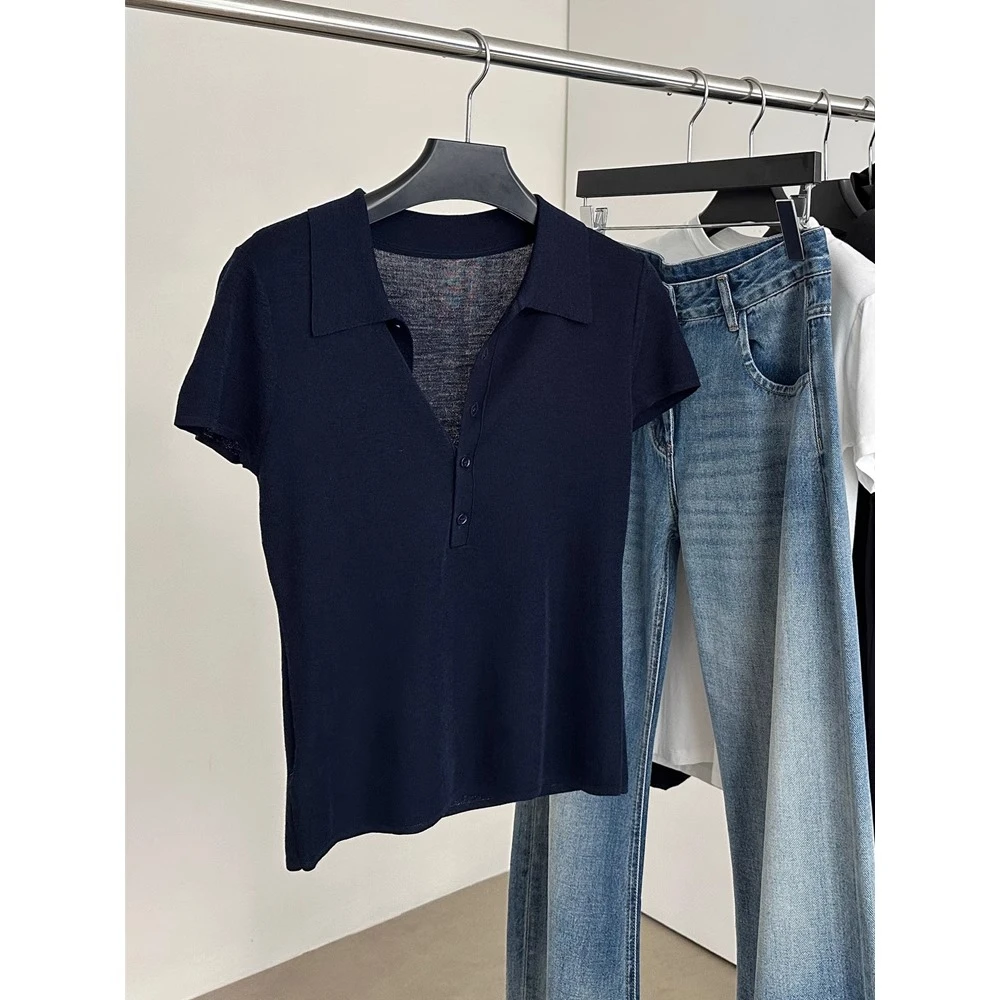 法式藏青色Polo领正肩短袖t恤女夏季冰丝薄款外穿针织衫翻领上衣