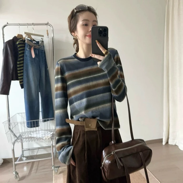 欧洲站2025秋季新款圆领撞色渐变条纹T恤百搭时髦长袖打底衫上衣