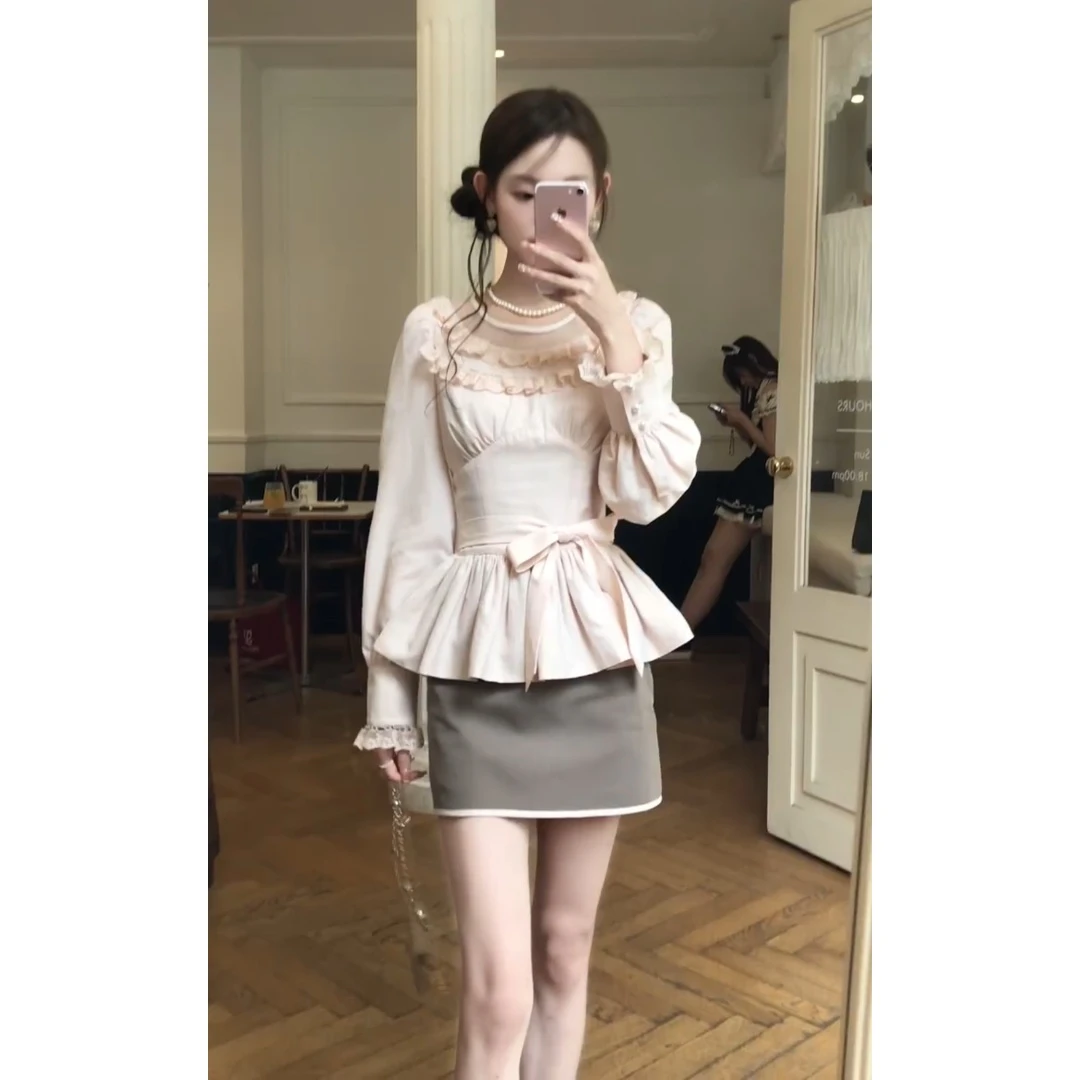 MARIE.COCO秋季新款蕾丝拼接收腰长袖上衣女气质高腰包臀短裙套装