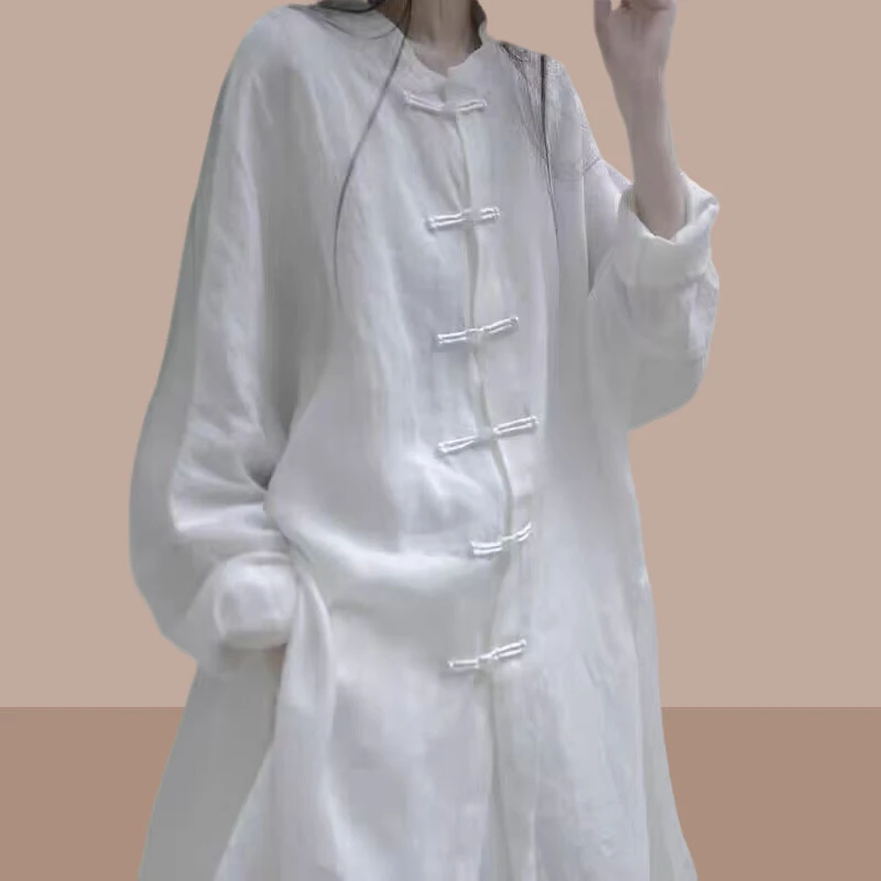 秋季款中式盘扣上衣宽松衬衣薄款国风茶道禅意汉中长款白衬衫套装