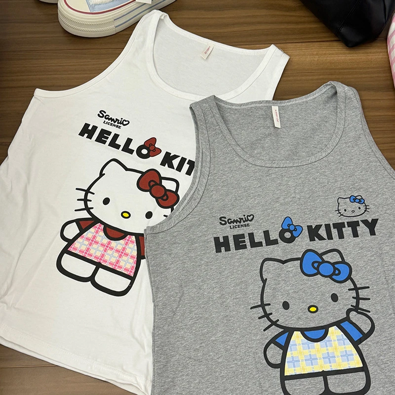 卡通kitty猫印花T恤女夏季慵懒风基础款背心宽松百搭外穿无袖上衣